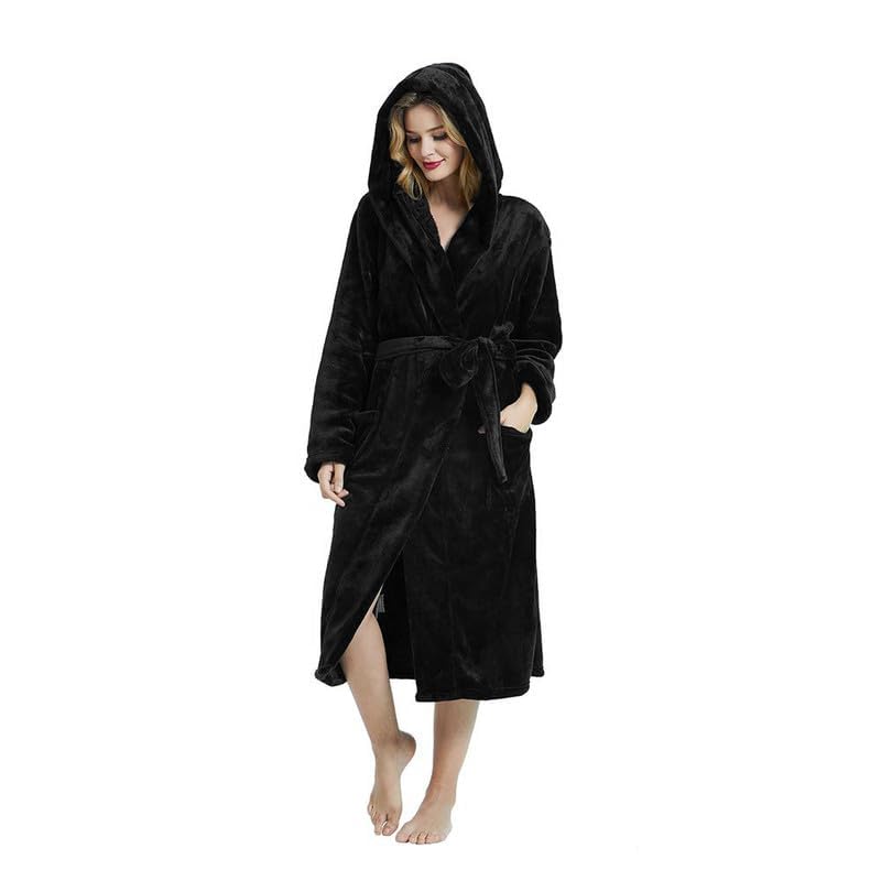HEARTNICE Womens Hooded Fleece Robe, Soft Plush Bathrobe for Womens, Fluffy Cute Long House Coat (Black Hooded, L/XL) - Image 2